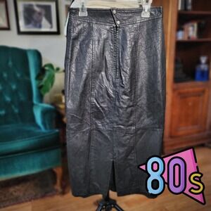 Vintage 80s D'LINEA Womens Black Leather Knee-Length Pencil Skirt - Size 7/8‎